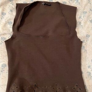 Zara Medium Brown Flower Cut Out Sleeveless Top Tank Top